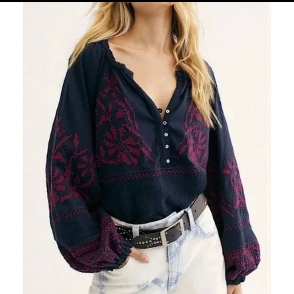 Free People Persuasion Embroidered Peasant Top Navy Fuchsia XS Oversized Boho